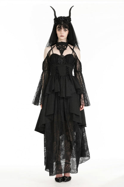 Black Off Shoulder Long Puff Sleeves Cut-Out Lace Women's Gothic Cape