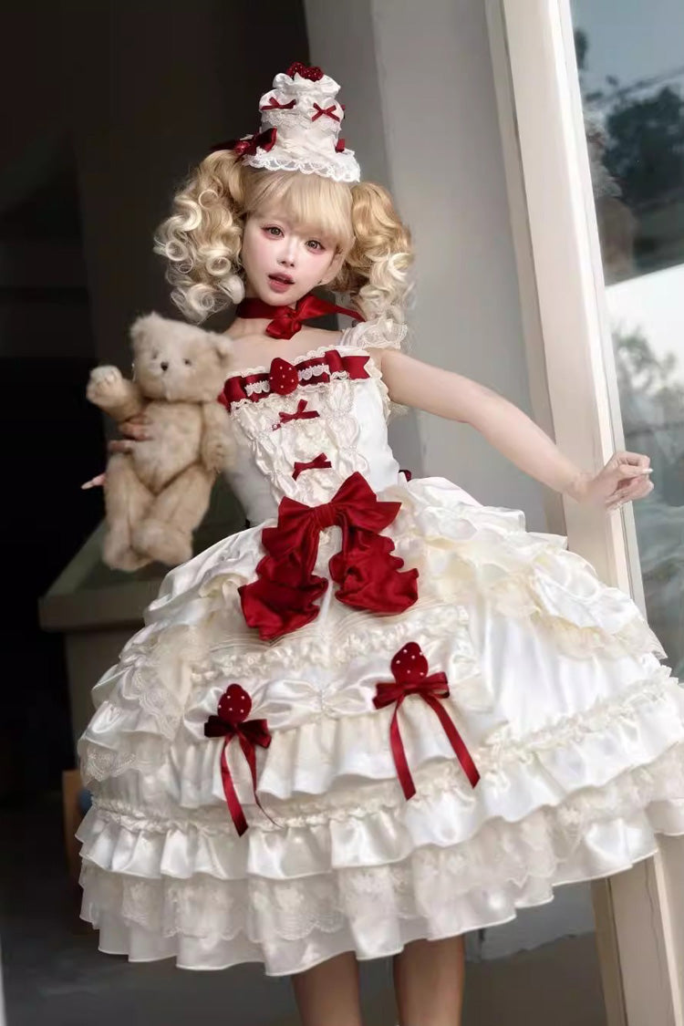 Apricot [Berry Endless] Square Collar Sleeveless Multi-Layered Ruffled Embroidered Bow Lace Sweet Lolita Jsk Dress