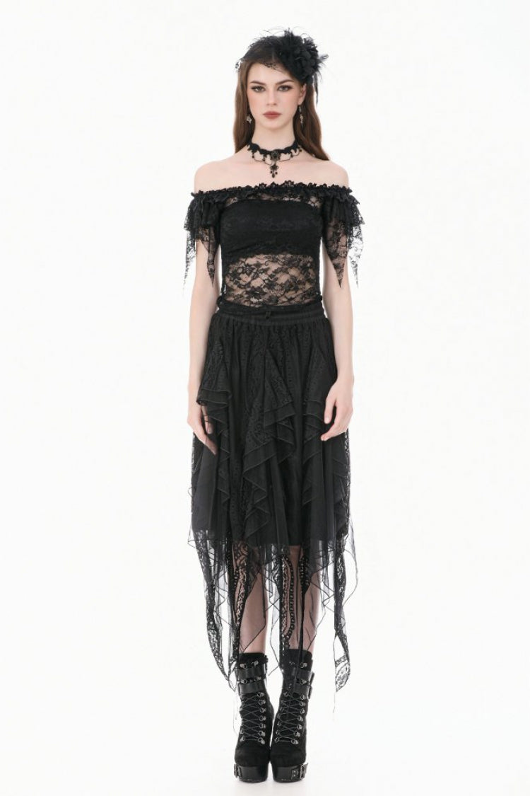Black Off Shoulder Floral Sheer Lace Women's Gothic Top
