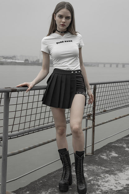 Black Fake Two-Piece Side Metal Buckle Pleated Women's Punk Skirt