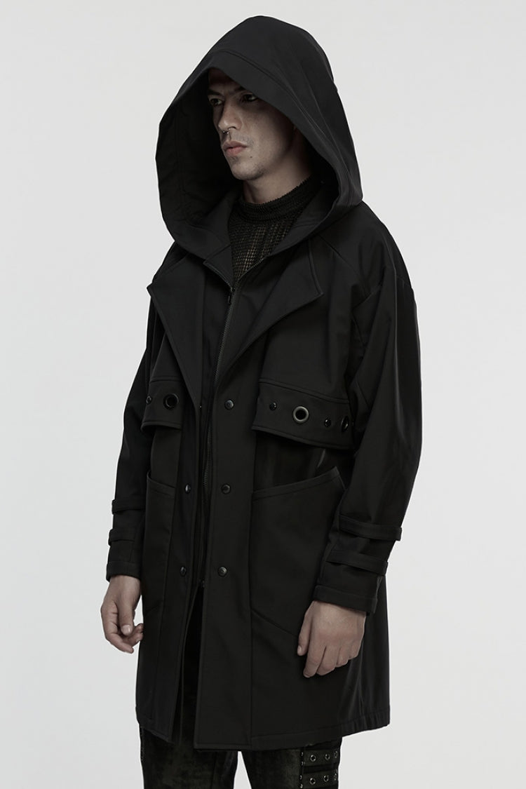 Black Lapel Collar Long Sleeves Hooded Zippered Eyelet Men's Gothic Coat