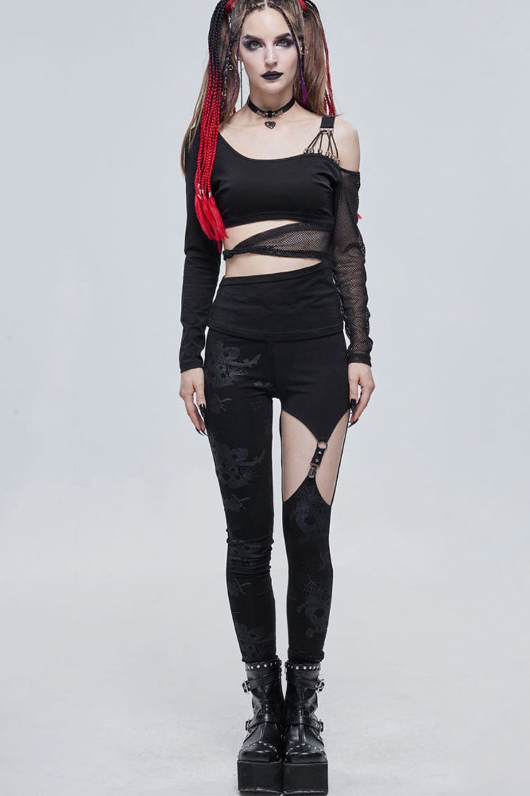 Black Gothic Ripped Spider Web Print Asymmetric Belt Buckle Decoration Women's Leggings