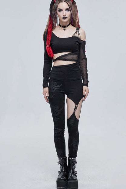 Black Gothic Ripped Spider Web Print Asymmetric Belt Buckle Decoration Women's Leggings