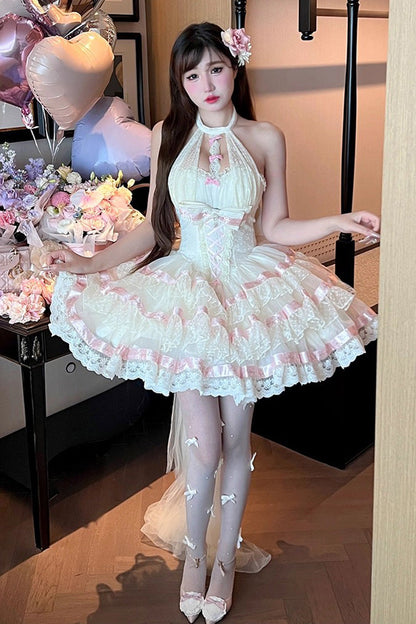 Beige [Ballet Dream] Halterneck Triple-Layered Ruffle Bowknot Lace-Up Sweet Princess Lolita Dress