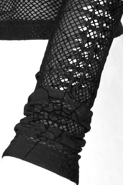 Black Long Sleeves Spider Web Print Hollow Mesh Women's Punk T-Shirt