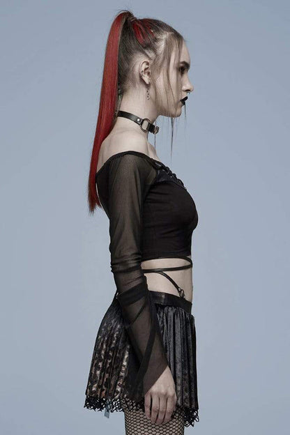 Black Gothic Elasticity Cotton Hollow Buttonhole Strap Design Slash Neck Women's T-Shirt