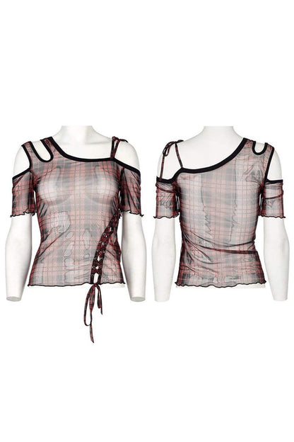 Asymmetrical Cutout Neckline Strap Design Plaid Mesh Women's Punk T-Shirt