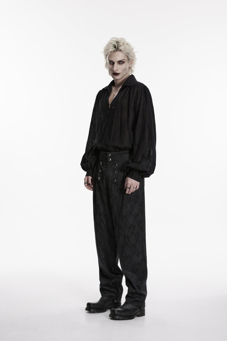 Black Lapel Collar Long Lantern Sleeves Printed Embroidered Men's Gothic Shirt