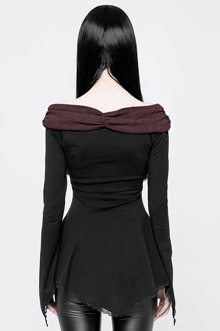 Black Bertha Neck Off Shoulder Long Sleeves Embroidery Women's Punk Blouse