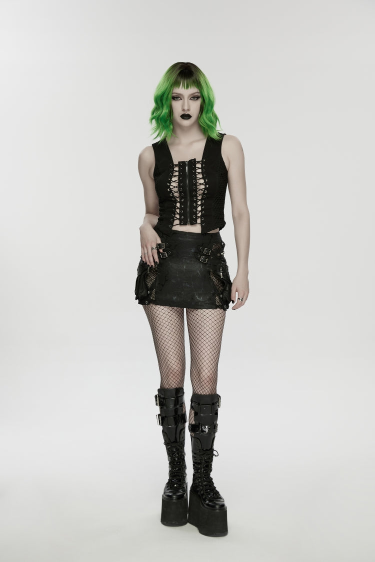 Black Off Shoulder Sleeveless Cut-Out Lace-Up Irregular Women's Punk Cool Vest