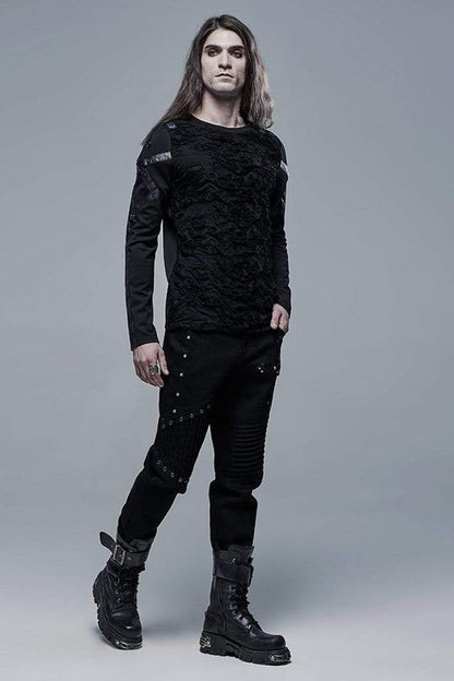 Black Long Sleeve Leather Strap Decoration Broken Holes Knit Men's Punk T-Shirt