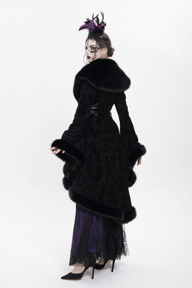Black Long Sleeves Floral Embroidery Women's Gothic Fluffy Coat