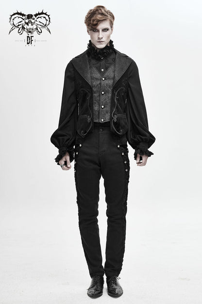 Black Fake Two Piece Leather Embroidered Swallow Tail Hem Men's Gothic Waistcoat
