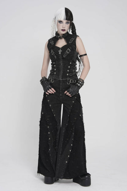 Black Halterneck Slim Buckled Zippered Women's Punk Vest