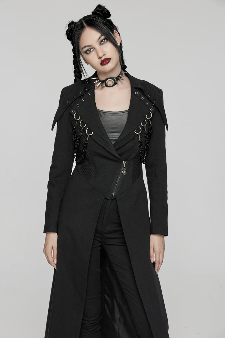 Black Lapel Collar Metal Chains Long Sleeves Women's Punk Long Coat