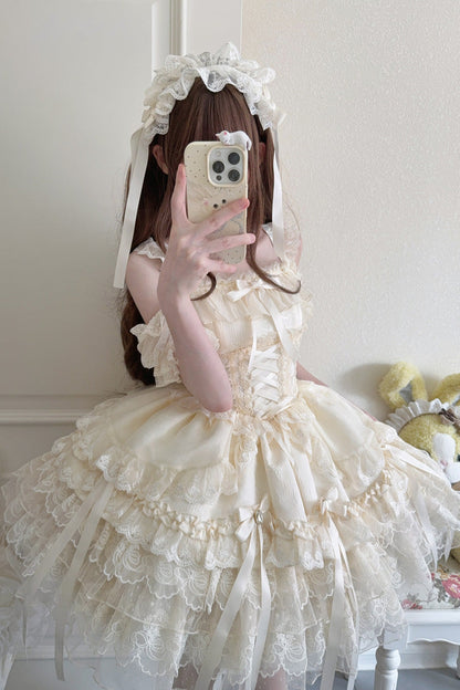 Apricot [Ribbon Heart Love] Sleeveless Multi-Layered Ruffle Bowknot Lace Lace-Up Sweet Princess Ballet Lolita Jsk Dress