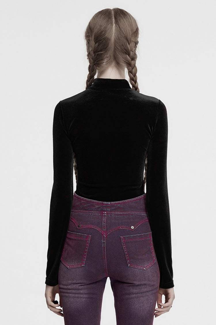 Black Moon Print Mesh Ruched Women's Gothic Blouse