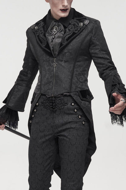 Black Gothic Embroidered Print Pattern Metal Pattern Buckle Decoration Trumpet Sleeve Men's Swallowtail Coat