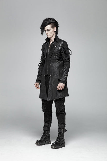 Black Metal Buckle Decoration Zipper Mens Steampunk Windbreaker Coat