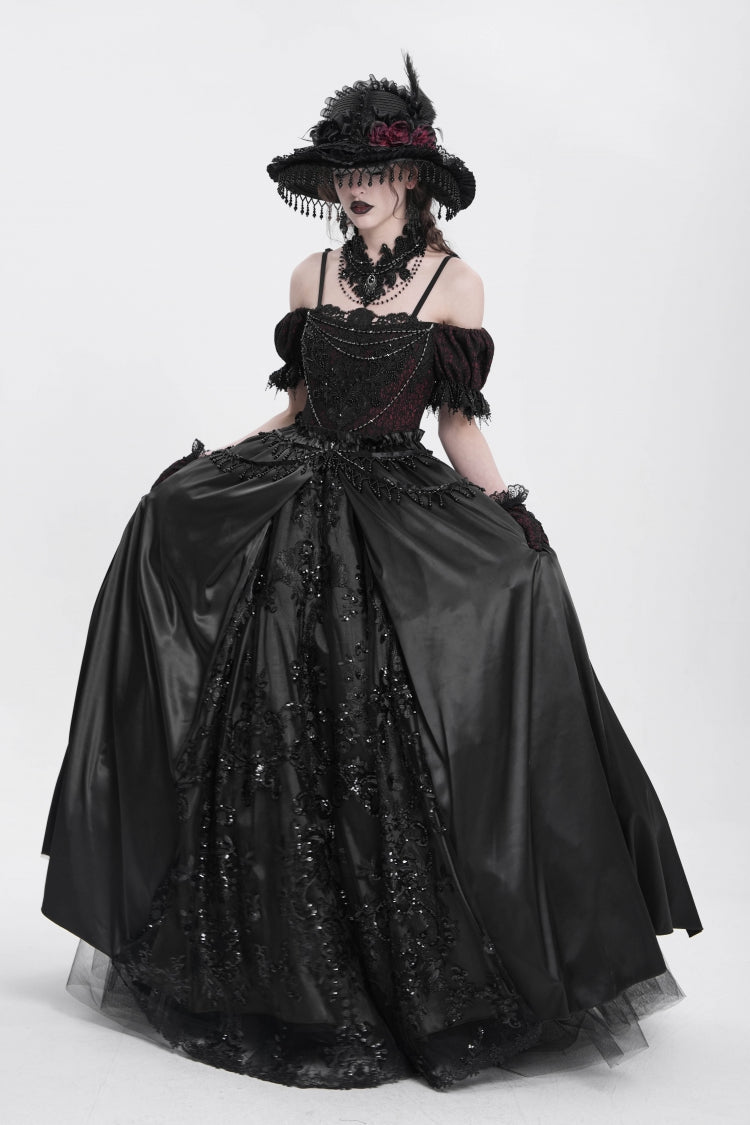 Black Off Shoulder Short Sleeves Jacquard Cardigan Stitching Lace Women's Gothic Dress