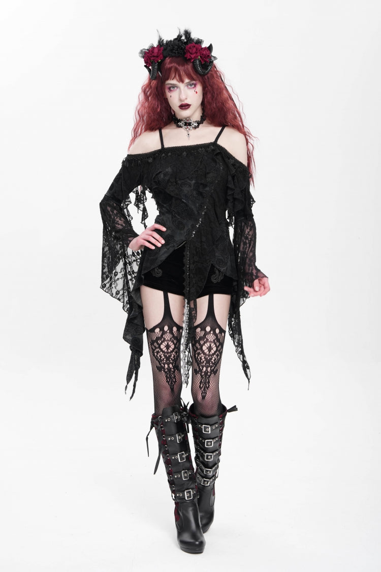 Black Off Shoulder Long Trumpet Sleeves Ruffle Women's Gothic Slip Blouse