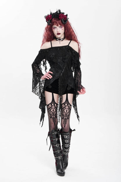 Black Off Shoulder Long Trumpet Sleeves Ruffle Women's Gothic Slip Blouse