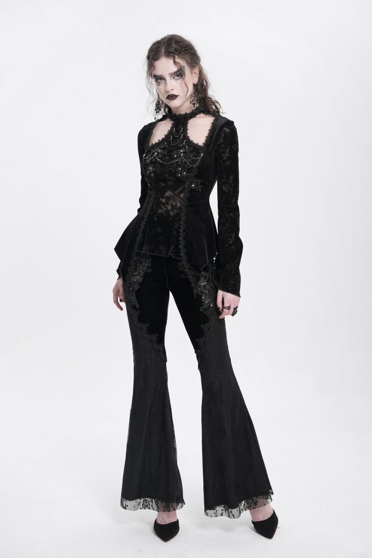 Black Halterneck Long Trumpet Sleeves Jacquard Embroidery Women's Gothic Blouse