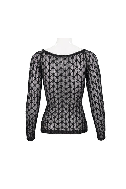 Black Lace Mesh Front Red Diamond Long Sleeve Transparent Women's Punk T-Shirt