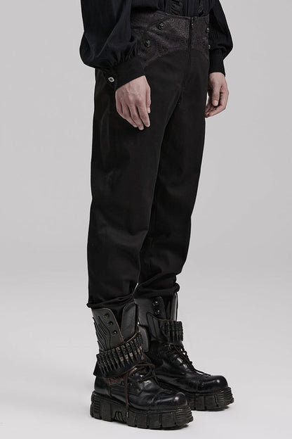 Black Leather Stitching Slim Front Zipper Men's Gothic Pants