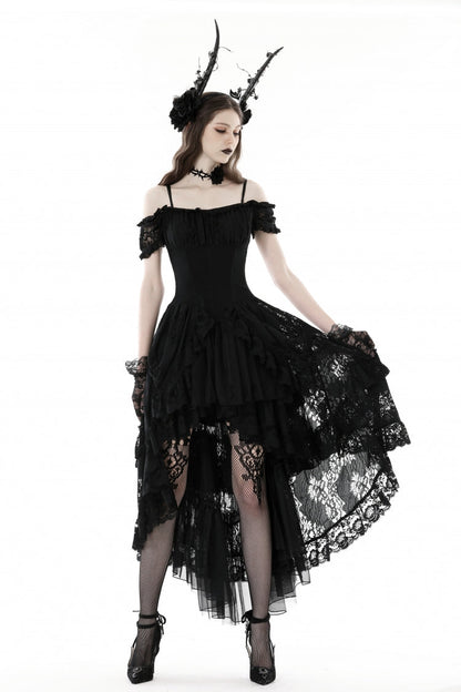 Black Boat Neck Off Shoulder Short Puff Sleeves Ruffled Lace Lace-Up Irregular Women's Gothic Dovetail Dress