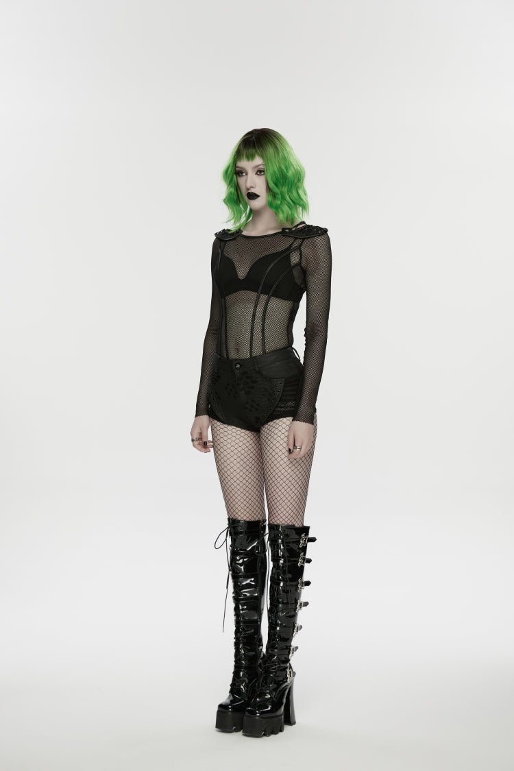 Black Low Waisted Cut-Out Irregular Eyelet Women's Punk Shorts