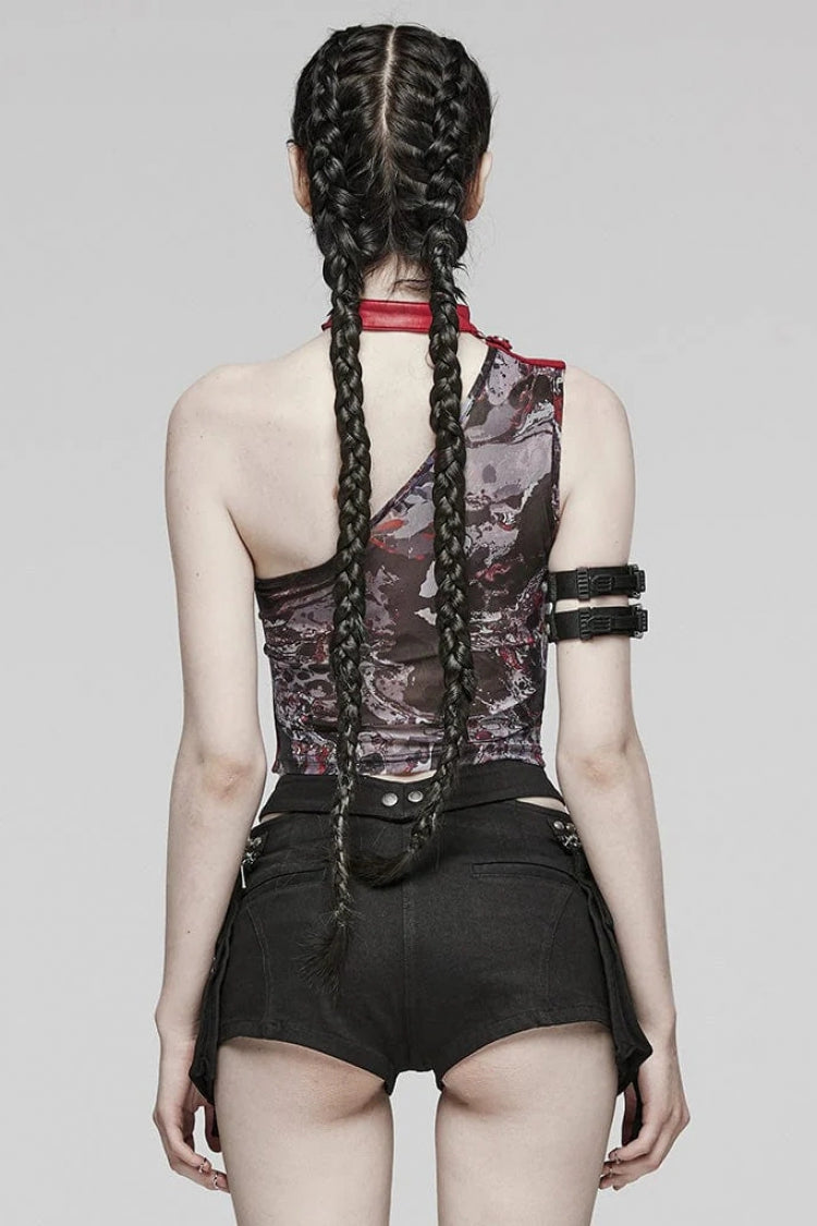 Asymmetrical Off Shoulder Sleeveless Print Womens Steampunk Halter Vest 2 Colors