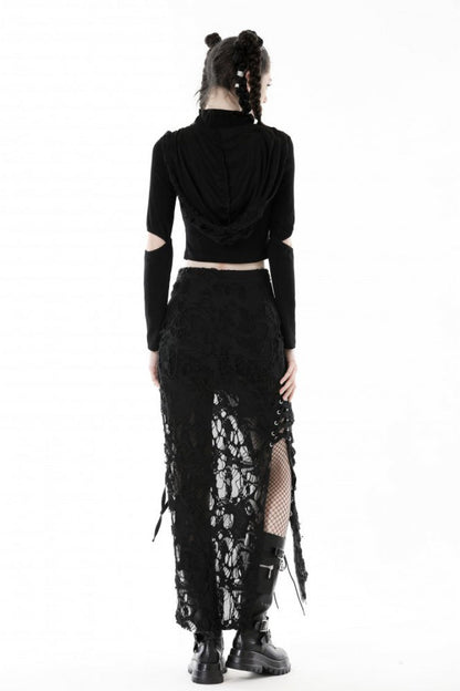 Black Metal Cross Eyelet Long Sleeves Cut-Out Women's Punk Crop Top with Ripped Hood