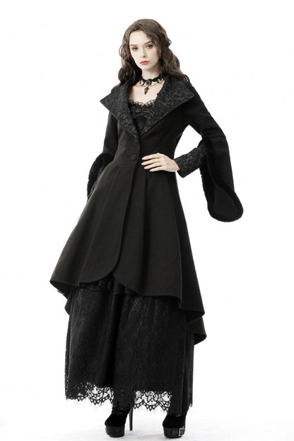 Black Lapel Collar Long Sleeves Women's Gothic High Low Woolen Dovetail Coat with Hood