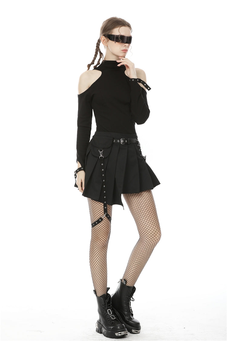 Black Lace-Up Irregular Hem Pleated Women's Punk Skirt with Side Bag