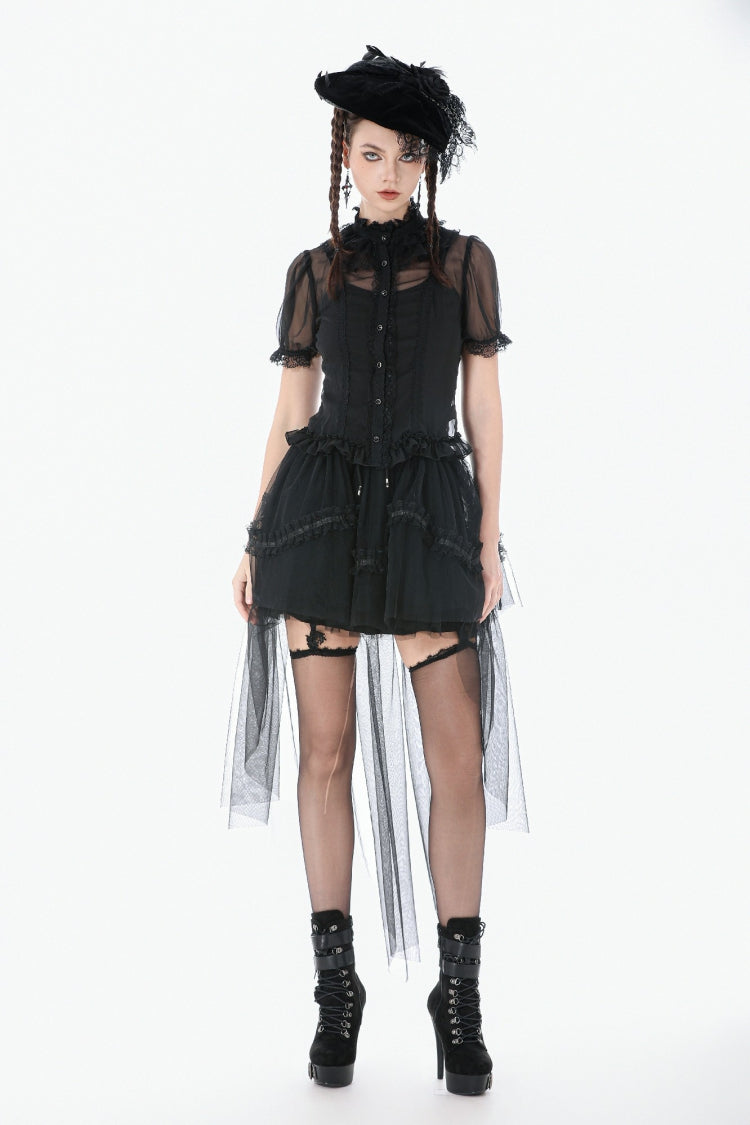 Black Multi-Layered Ruffled Lace Short Puff Sleeves Sheer Women's Courtly Gothic Blouse