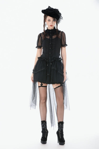 Black Multi-Layered Ruffled Lace Short Puff Sleeves Sheer Women's Courtly Gothic Blouse