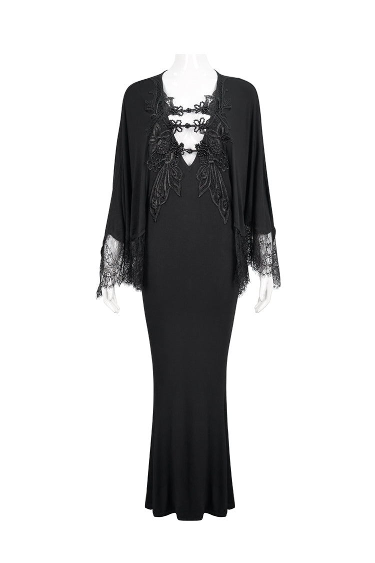 Black Deep V Neck Bat Sleeve Chest Appliqu Lace Bead Buckle Connection Small Fishtail Long Women's Gothic Dress