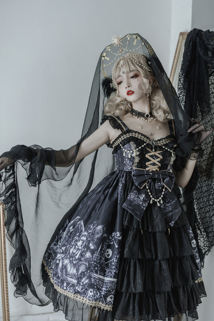 Black Dragon Rider Print Ruffle Cardigan Bowknot Lace Gothic Lolita Jsk Dress
