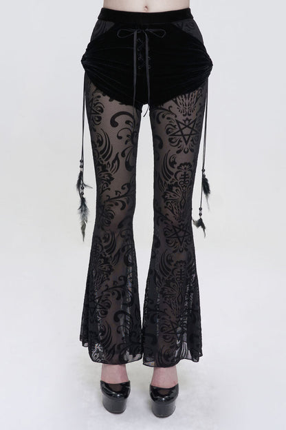 Black Flocking Mesh Side Hanging Feather Pendant Fake Two-Piece Long Women's Gothic Flared Pants