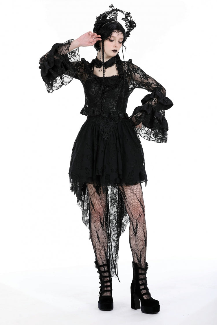 Black Multi-Layered Long Trumpet Sleeves Lace Lace-Up Women's Gothic Top
