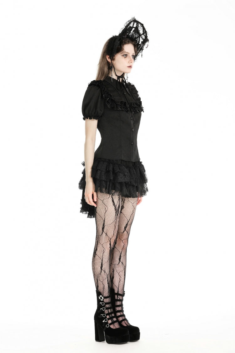 Black Point Collar Short Puff Sleeves Ruffled Women's Gothic Blouse