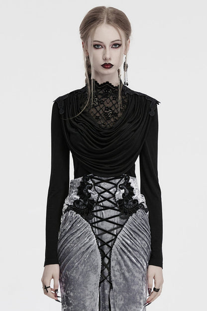 Black Long Sleeves Cowl Neck Stitching Lace Women's Gothic Blouse