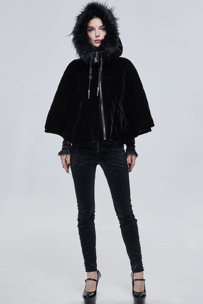 Black Gothic Velvet Collar Crescent Pendant Zipper Warm Short Women's Shawl