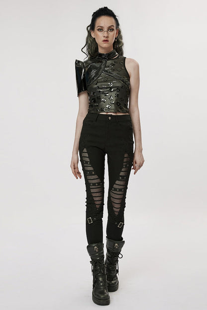 Black Hollow Japanese Buckles Stitching Mesh Women's Gothic Leggings