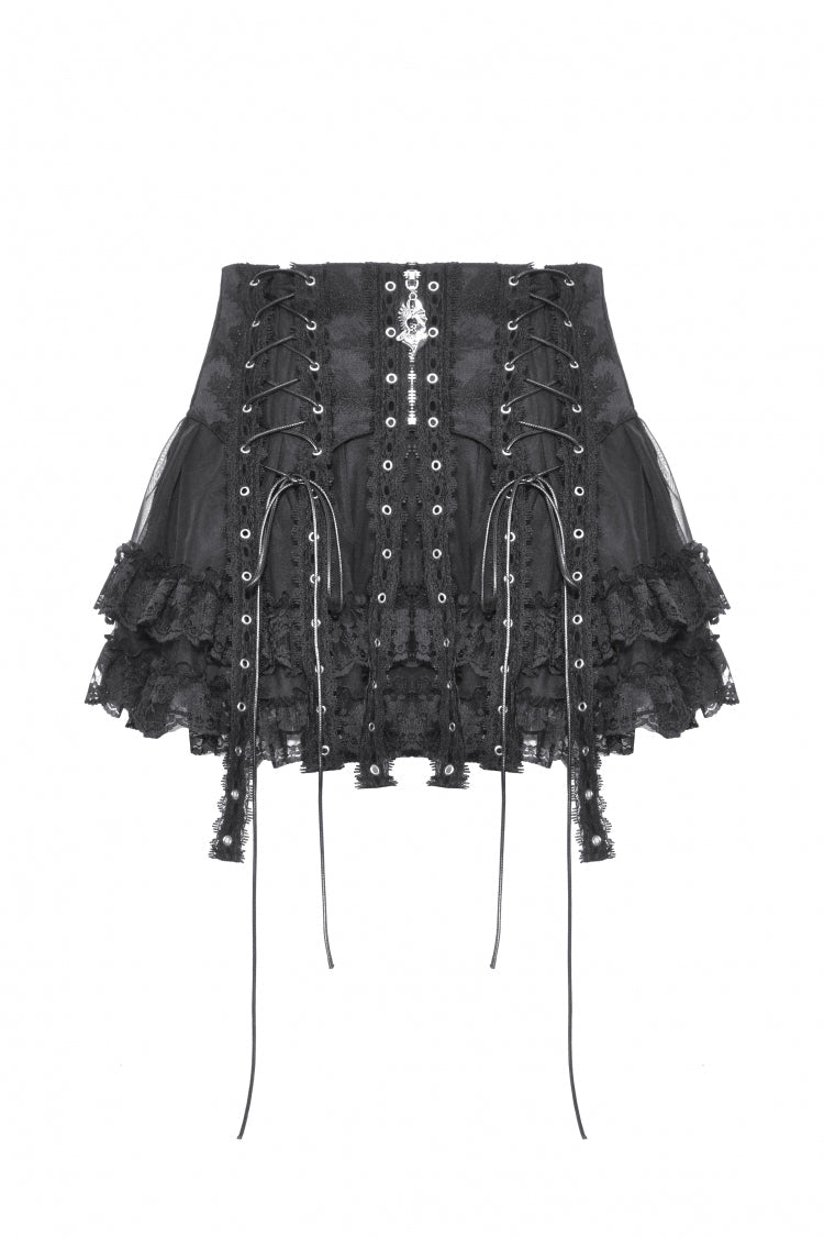 Black Layered Lace Mesh Lace-Up Zippered Women's Punk Mini Skirt