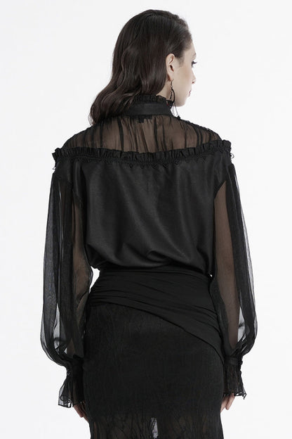 Black Long Sleeves Ruffle Sheer Mesh Women's Gothic Blouse