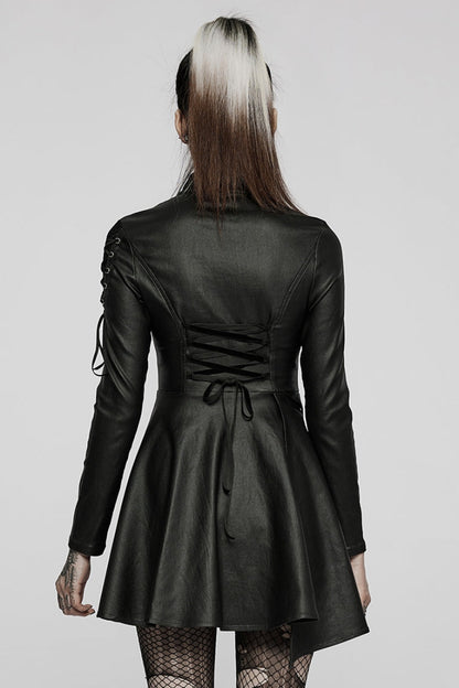 Black Long Sleeves Stitching Slim Mesh Asymmetric Hem Women's Steampunk Dress