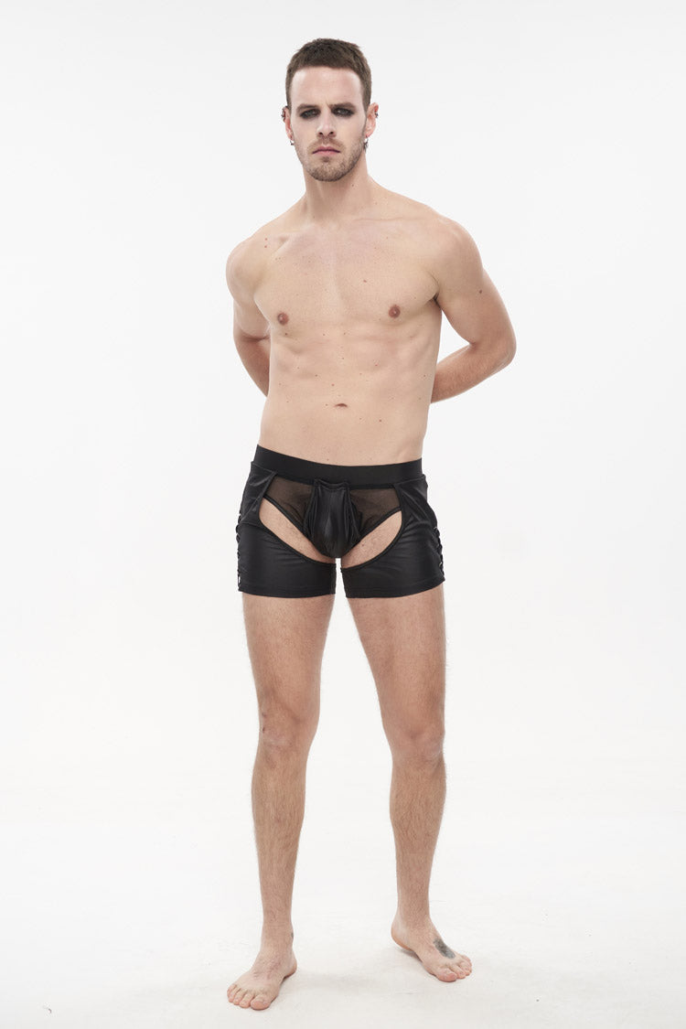Black Knit Lace Up Perspective Sexy Slim Men's Punk Shorts