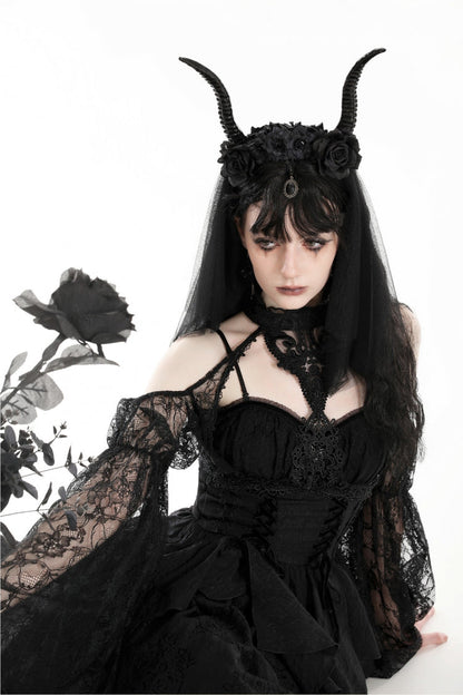 Black Off Shoulder Long Puff Sleeves Cut-Out Lace Women's Gothic Cape